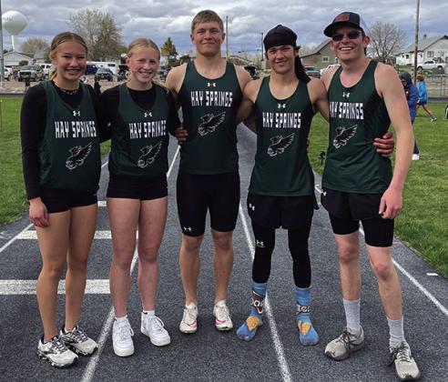Photo by Jessica Mintken The Class D-9 District Track Meet took place last Wednesday. The Hawks will send 5 athletes to compete at State in Omaha on May 17. Those five are: (L-R) Alaina Raymer, Reese Varvel, Gage Mintken, Parker Wellnitz, and Mason Albrecht.