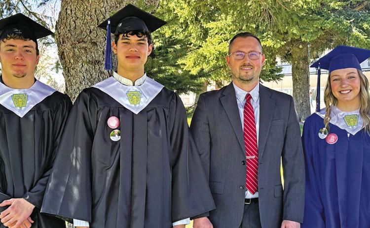 Photo by Kim Campbell Gordon-Rushville presented 26 graduates for commencement on Saturday, May 11. That included the three valedictorians. Pictured are: (L-R) Colton Archibald, Allan Tullis, Gordon-Rushville Superintendent Nathan Livingston, and Haley Johnson.