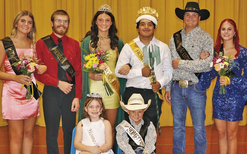 (Photo by Cindy Peters, Hay Springs Hip Hop) Hay Springs High School celebrated their Homecoming Week with the theme of ‘Battle for the Gold.’ Coronation was held during the week with Mya Turman and Luis Mata being named Queen and King. The Homecoming Court was as follows: (L-R) Julia Russell, Mason Albrecht, Turman, Mata, Heidyn Johnson, and Andi Schiaffo. Crown Bearers were Mea Berger and Colt Binger, front row.