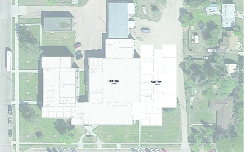 Photo Courtesy of JEO Engineering, Architecture, Planning, &amp; Surveying The existing Gordon-Rushville Middle School is shown on the left. The proposed new Rushville Elementary addition (12,282 square feet) is shown on the right, connected directly to the existing building. The existing Rushville Elementary building across the street would be vacated when the new addition opens.