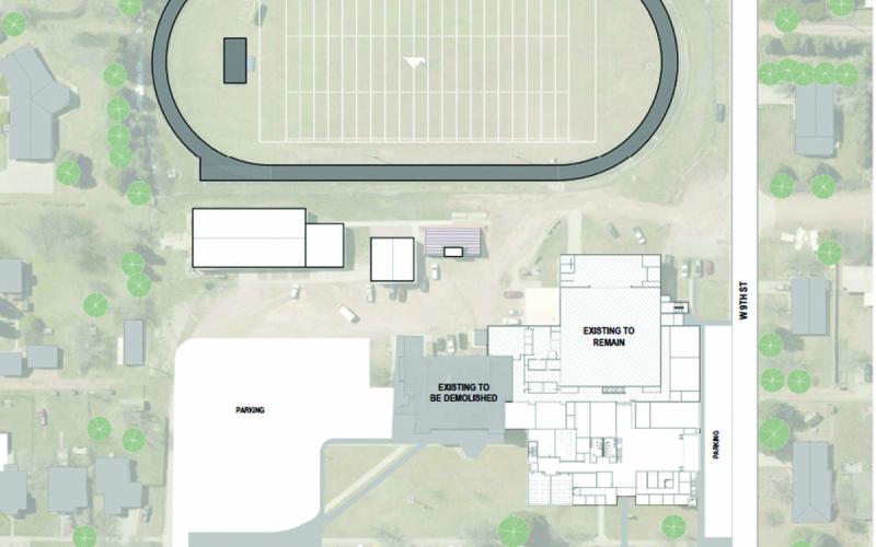 Photo Courtesy of JEO Engineering, Architecture, Planning, &amp; Surveying At Gordon-Rushville High School, new construction would include a secure entry, classrooms, kitchen, cafeteria and support spaces connected to the renovated existing, 60-yearold building. Major systems would be updated. The running track would be replaced. The original 100-year-old, threestory section of the building would be demolished.