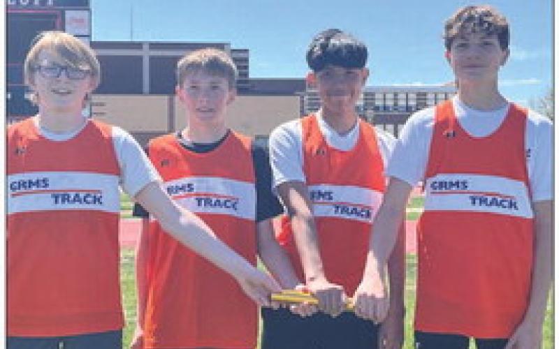 Courtesy Photo The 4x800 Relay team reset the school record at the Best of the West track meet. That team includes: (L-R) Riley Lefler, Robert Moore, Joel Montenez-Rodriguez, and Joey Ziller.