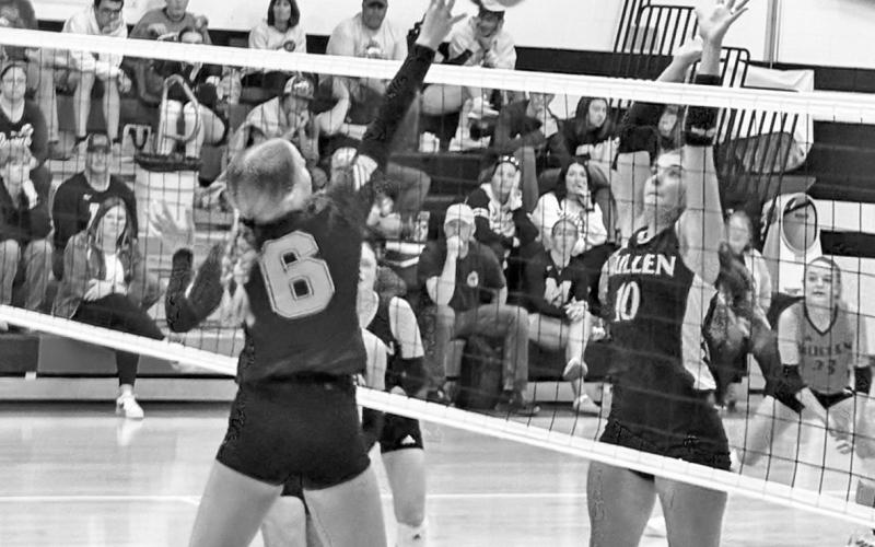 Photo by Jim Varvel Junior Reese Varvel sends a shot at the Mullen block during the Anselmo-Merna High School Invite this past weekend. The hawks finished their day with a 2-1 record.
