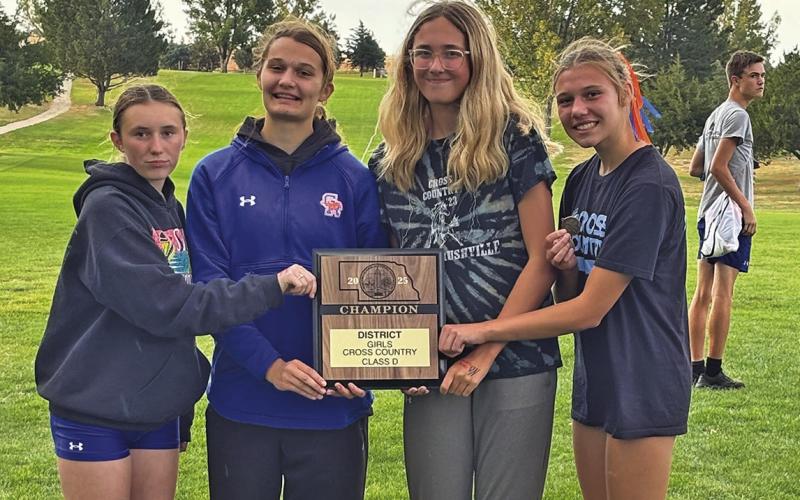 (Photo by Riley Hood) The Gordon-Rushville Girls Cross Country team took home the District Title on Thursday, October 16. The team will now turn their focus to State Track in Kearney on Friday, October 24. Pictured include: (L-R) Kynsleigh Krebs, Ashlyn Dehning, Hadley Banks, and Brittney Dehning. Rarity Cournoyer is not pictured.