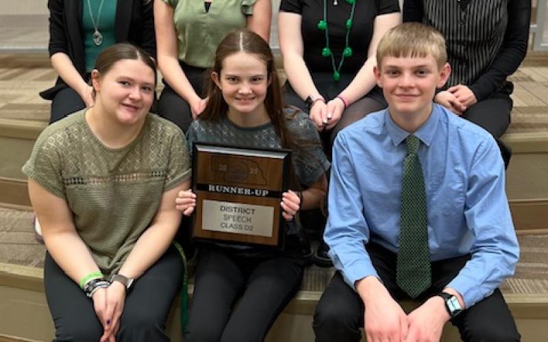 (Courtesy Photo) Hay Springs Speech finished as District Runner-Up on Monday, March 17. The Hawks qualified in 8 categories for the State Speech Meet as well on the day. Hawk Speech members include: Front row (L-R) Bailey Hankins, Emma Albrecht, and Jacob Dorshorst. Back row (L-R) Lilly Dorshorst, Jaelyn Rasmussen, Adeline Fredrickson, and Aubry Anderson.