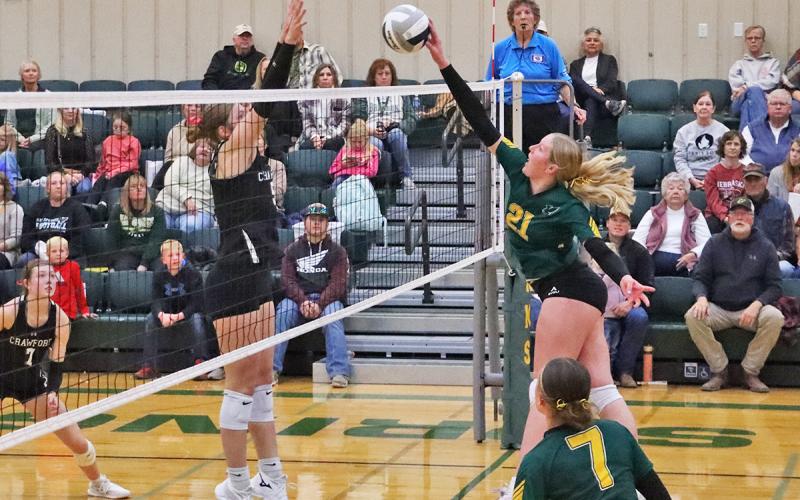(Photo by Scott Bidroski) Hawks sophomore Devyn Young hammers a kill home against the Rams during the Class D2-12 Sub-District Final in Lister Sage.