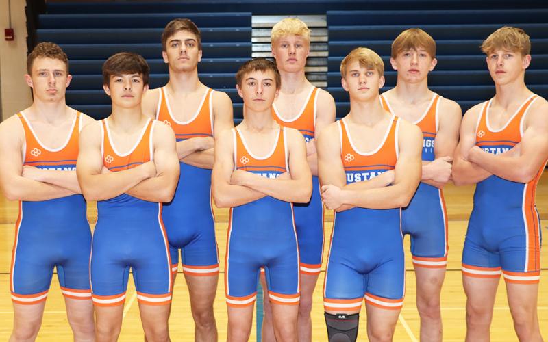 (Photo by Scott Bidroski) The 2025-26 Gordon-Rushville Boys Wrestling team. Front row: (L-R) Trevyn Younkin, Kray Otte, and Asa Funk. Back row: (L-R) Caden Sommers, Tristin Costello, Jaxon Kearns, Hunter Brewer, and Broden Rawles. Not pictured: Dominic Ibis.
