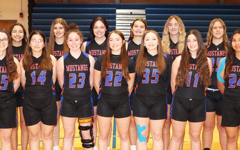 (Photo by Scott Bidroski) The 2025-26 Gordon-Rushville Girls Basketball team. Front row: (L-R) Kenzie Fiscus, Jocelynn Hruby, Timber Fortin, Kylie Goings, Cecilia Deaver, Payton Scott, and Thelma Musflet. Back row: (L-R) Mikaylee Campbell, Rarity Cournoyer, Lindsey Simonson, Rowan Simonson, Ashlyn Dehning, Hadley Banks, Lexi Tausan, and Brittney Dehning.