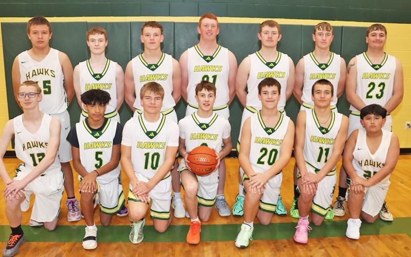 (Photo by Scott Bidroski) 2025-26 Hay Springs Boys Basketball team. Front row: (L-R) Gage Didier, Arian Mata, Easton Mintken, Hunter Thies, Duke Turman, Parker Wellnitz, and Duke Ashley. Back row: (L-R) DeShaun Herman, Tyson Didier, Jaydub Turman, Brayden Heiting, Eli Scott, Riley Johnson, and Heidyn Johnson.