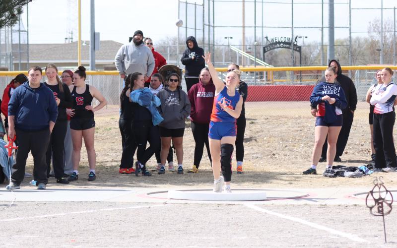 (Photo by Scott Bidroski) Sophomore Mikaylee Campbell releases the shot during the Shot Put.