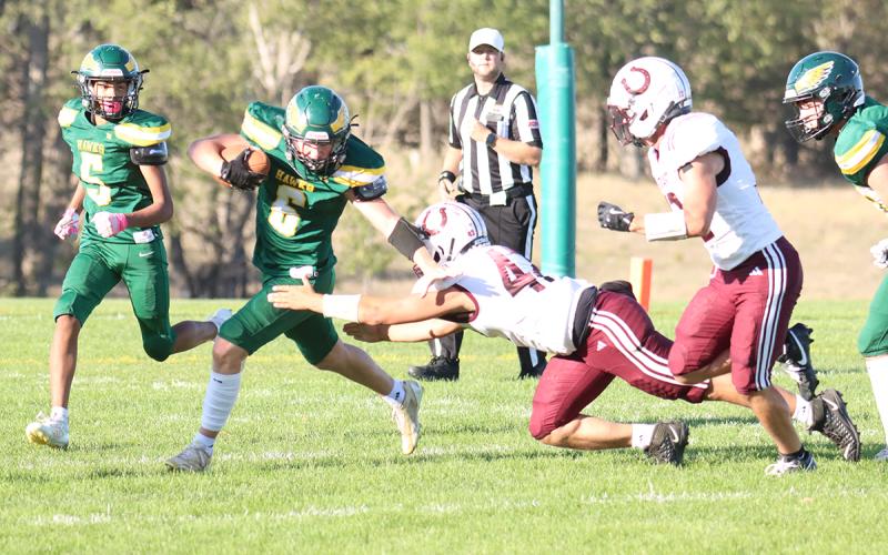 (Photo by Scott Bidroski) Jaydub Turman runs hard against the Stuart defense, shedding a defender.