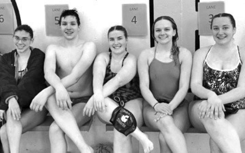 Courtesy Photo Members of the Chadron Sharks team competed in Casper, Wyo. on January 20-21. Those swimmers included: (L-R) Carter Peters, Valeria Benitez, Bohdan Shevchenko, Jessalinn Dieriex, Raylie Pourier, Kenzie Pourier, and Fabiola Benitez-Socarrás.