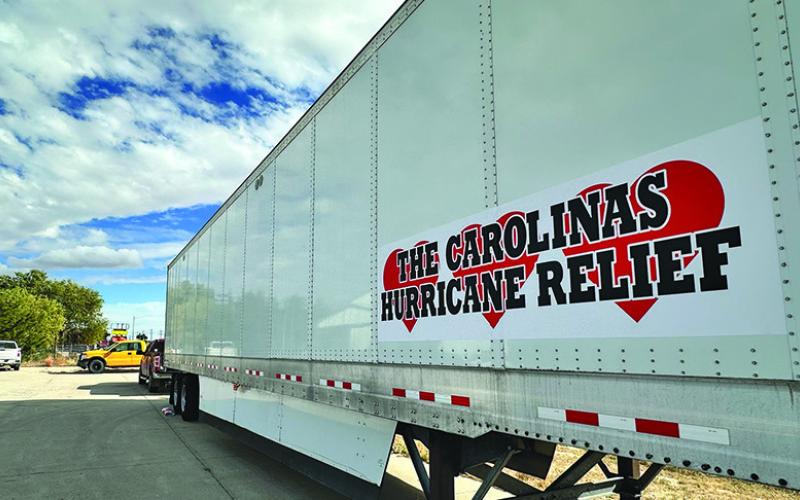 Photo by Scott Bidroski Signage has been placed on the 53 foot trailer that is being used for donations for the Hurricane Relief Project. Residents of the Panhandle have come together to collect supplies to send to the Carolinas to help those in need.