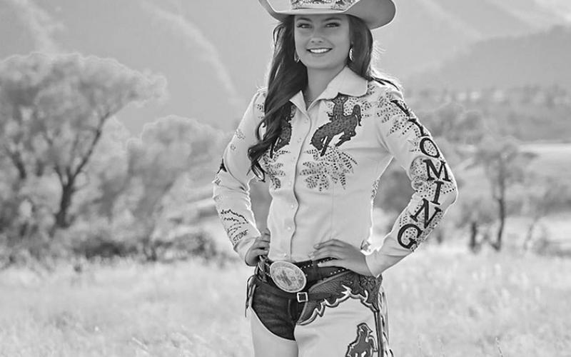 Photo by Blue Crane Photography Chadron State College student Reata Cook of Sheridan, Wyo., competes at the Miss Rodeo America Pageant as Miss Rodeo Wyoming 2023 during the National Finals Rodeo in Las Vegas, Dec. 2023.
