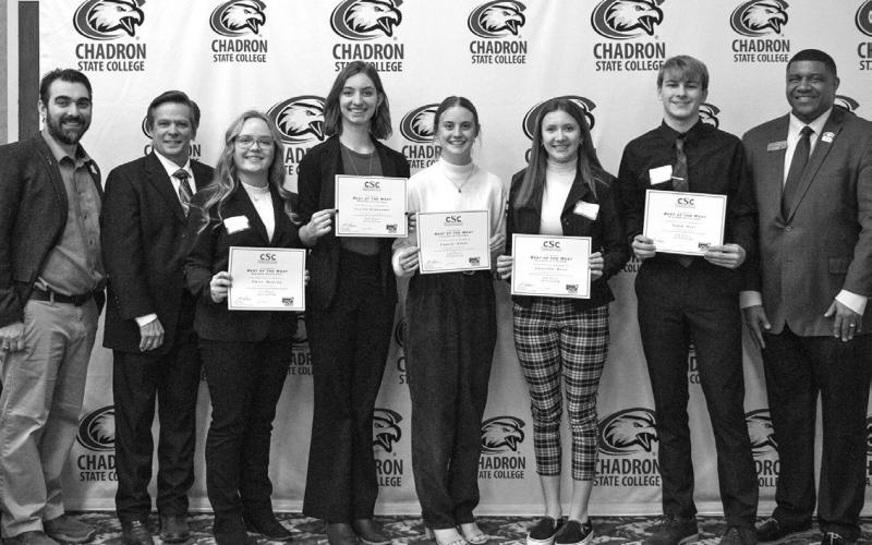 Photo by Tena L. Cook, Chadron State College Accounting winners in Chadron State College’s 7th Annual Best of the West Business Competition pose in the Student Center Jan. 31, 2024. From left, 1, Emily McCune of Alliance, 2, Lillian Dorshorst of Hay Springs, 3, Carlye Kresl of Hemingford, 4, Caitlynn Mack of Valentine, 5, Tobin Rust of Chadron, and CSC President Dr. Ron K. Patterson.