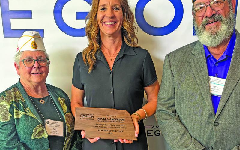 Courtesy Photo Judy Walters, Commander of the Nebraska American Legion, stands with Cody-Kilgore Unified Schools educator Angela Anderson and American Legion District 1 Commander Jerry Fullerton at the Legion Convention on June 27. Anderson was honored as an American Legion Teacher of the Year at the event.