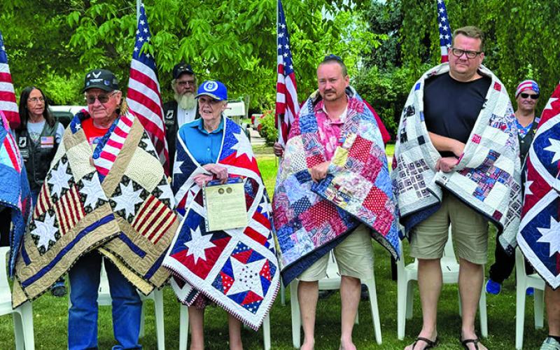 Courtesy Photo Six Veterans were honored on Sunday, June 16 at Bernard Ganshert’s home in Gordon. Those honored included: (L-R) US Army Pat Reddy, USAF Bernard Ganshert, USAF Lola Ganshert, USAF Chris Ganshert, US Navy Scot Ganshert, and USAF Eric Ganshert.