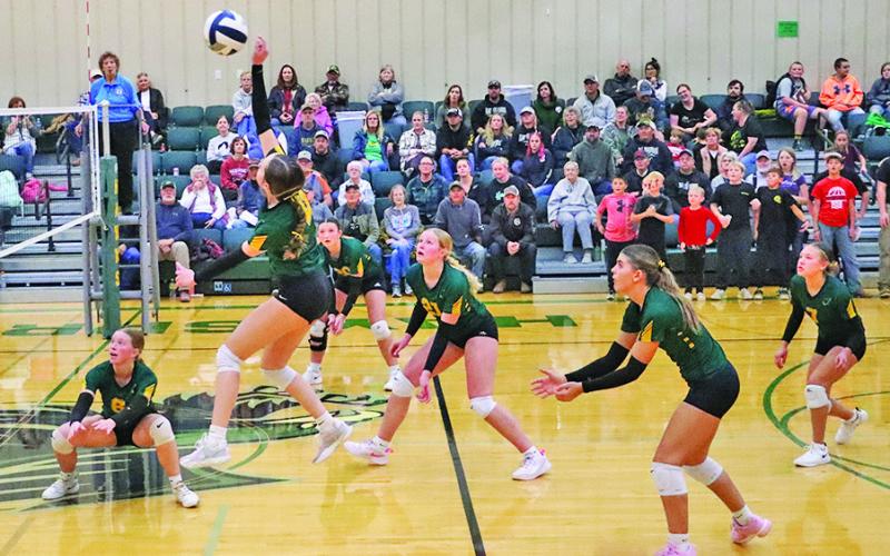 (Photo by Scott Bidroski) Junior Kya Binger puts a big swing on offense while her teammates remain at the ready during the Sub-District Final match against Crawford. The Hay Springs Hawks would get the win in this one but fell short to Bruning-Davenport/Shickley in the District Final on November 1.