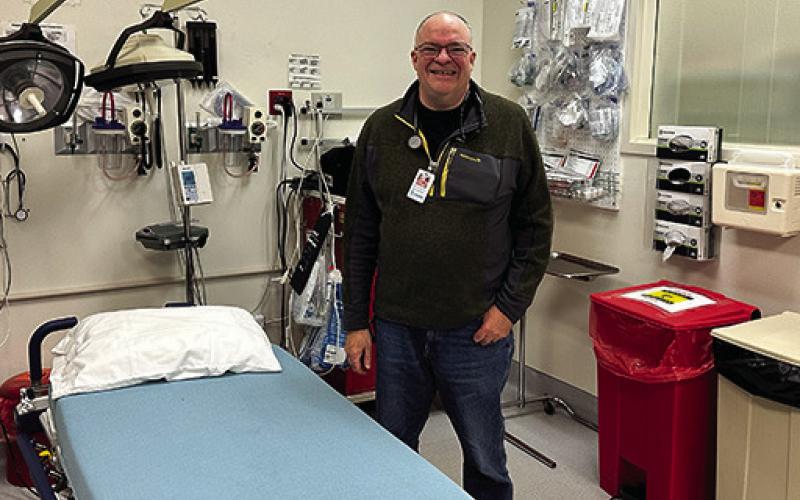 Warren Shaulis takes a break during his shift at Gordon Memorial Hospital in the Emergency Department. Shaulis has been on the staff at GMHS for 10 months now bringing with him 30+ years of experience in the medical field.