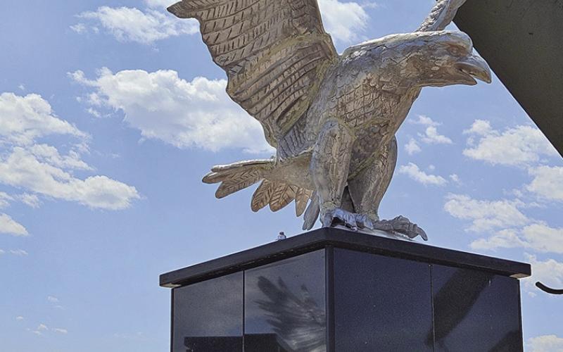 Courtesy Photo New eagle statues adorn the top of the pillars at the Veterans Memorial Park in Gordon. The statues are just one of a long line of improvements and additions to the park to help honor Veterans from the local area and beyond.