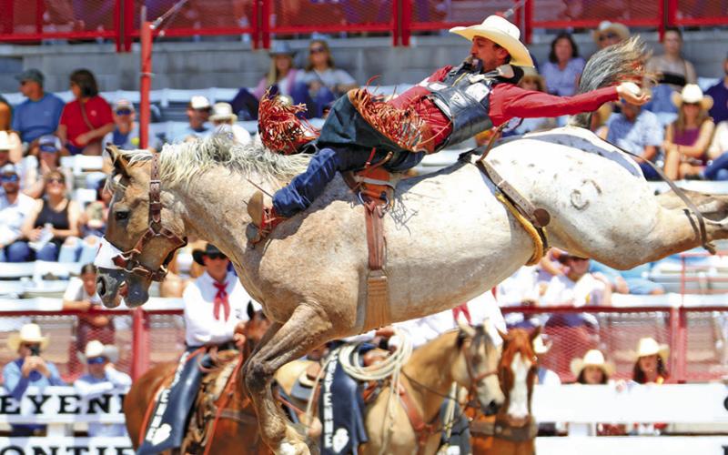 Photo by Jackie Jensen Garrett Shadbolt competes at Cheyenne Frontier Days. He has qualified for his fourth Wrangler National Finals Rodeo, pro rodeo’s world championship.