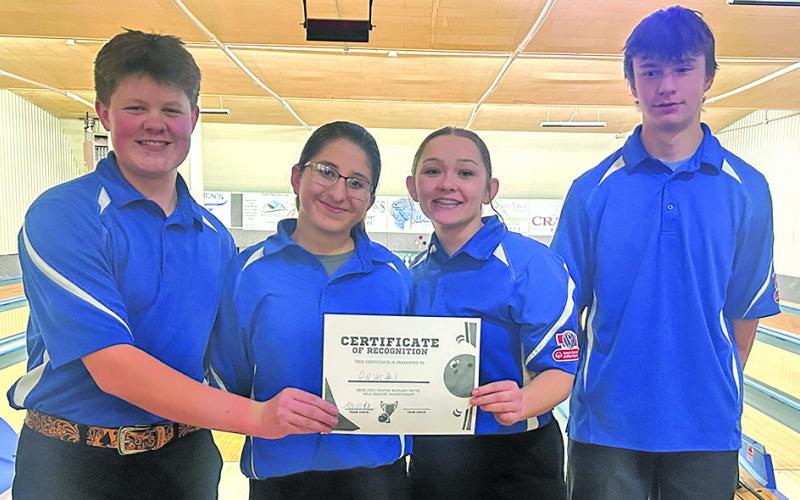 Courtesy Photo The Gordon-Rushville Unified Bowling squad of Kaden Jackson, Jocelynn Hruby, Cecelia Deaver, and Cameron Sandoz took home the top spot at their home tournament on Saturday, November 8. The tournament featured eight area teams all competing at King Pin Lanes in Gordon.