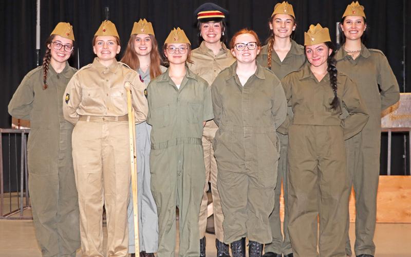 The cast of the 2025 Gordon-Rushville High School One Act. Front Row: (L-R) MacKenzie Simonson, Arya Lukassen, Haley Dane, and Micah Hotz. Back Row: (L-R) Kenzie Fiscus, Amara Funk, Rowan Simonson, Claire Wellnitz, and Kathryn Cox. Not pictured: Keeten Sauer and David Leonard Photo by Scott Bidroski