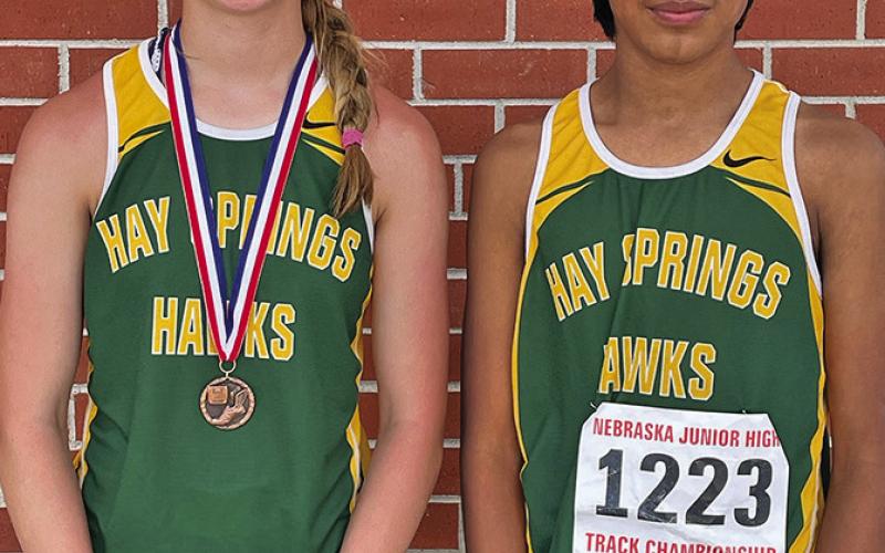 Photo by Jessie Anderson Megan Anderson (left) and Arian Mata (right) represented Hay Springs at the Nebraska Championship Meet this past Saturday in Gothenburg, Neb. Anderson would pick up a medal for a fifth place finish in the Long Jump.
