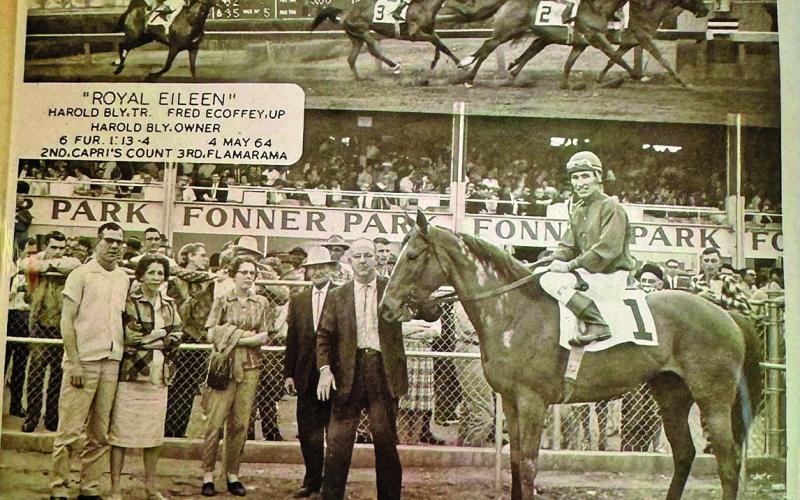 Courtesy Photo Wounded Knee resident Fred Ecoffey sits atop “Royal Eileen” on May 4, 1964. Ecoffey has amassed around 2,400 wins on Nebraska race tracks, making him one of the most successful jockeys in the history of racing in the state.