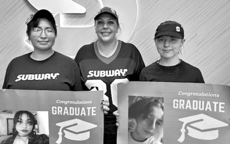 Courtesy Photo 2024 G-R Graduates Danica Running Hawk and Venus Keller will receive scholarship money as a thank you for their hard work at Subway in Gordon.