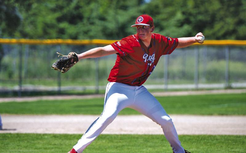 (Photo by Brooke Smith, Brooke Smith Photography) Regulator freshman Brayden Heiting delivers a pitch against Sturgis, S.D. over the weekend in the Chadron Senior Wood Bat Tournament.