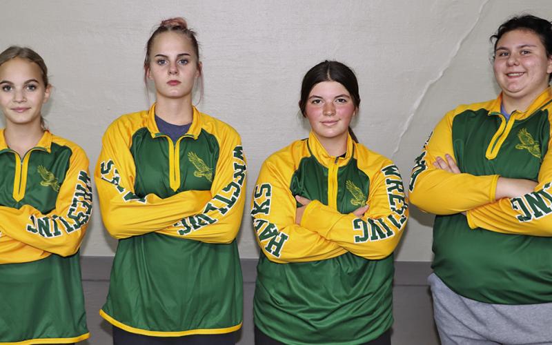 (Photo by Scott Bidroski) The 2025-26 Hay Springs Girls Wrestling team. Pictured: (L-R) Tabby Schiaffo, Andi Schiaffo, Marisa Milliken, and Sawyer Davis. Not pictured: Janessa Dieriex.