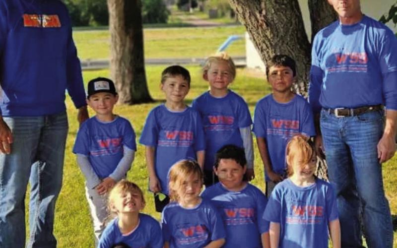 2024 Western Sires Gordon T-Ball team. Front row: (L-R) Addison Vinton, Sydney Hurlburt, Marco Cabellero, and Kendall Coats. Back row: (L-R) Coach Will Smith, Hayes Smith, Braxton Anderson, Sutton Simmons, Jackson American Horse, and Coach Randy Hurlburt. Not pictured: Christian Herrara. Courtesy Photo
