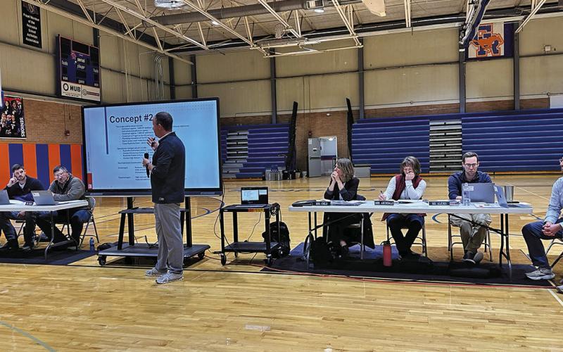 (Photo by Scott Bidroski) JEO Consulting’s Jack Baker goes over some possible facility upgrade concepts during a public meeting held on Thursday, October 30. The Gordon-Rushville School Board members, along with GRPS Superintendent Nathan Livingston, were also present to answer any questions and to also receive feedback from citizens in attendance.