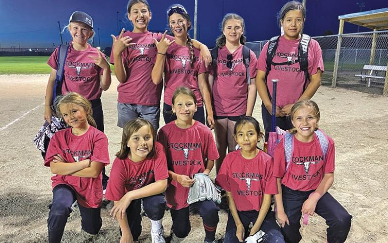 Courtesy Photo 2024 Stockmans Livestock Rushville Freshman Softball. Front Row: (L-R) Kenley Younkin, Hattie Williamson, Kylie American Horse, Coryn Black Feather, and Natalia Dolezal. Back Row: (L-R) Ashley Feddersen, Keegan Carlow, Gracyn Younkin, Jayla Hinton, Calyse Black Feather. The team is coached by Nichole Younkin and Cory Black Feather.