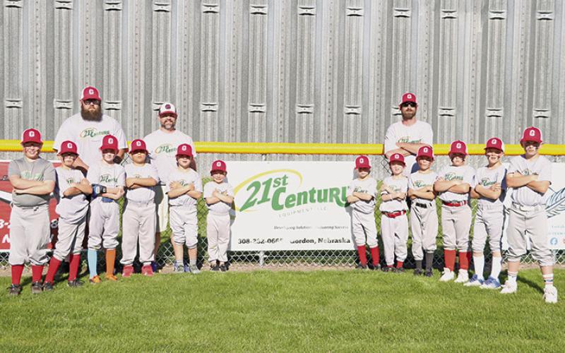Courtesy Photo 2024 21st Century Gordon Rookies Baseball. Players: (L-R) Jack Child, Gage Bidroski, Killian Huether, Eddie Montanez-Rodriguez, Ransom Retzlaff, Luke Slama, JJ Tesch-Wolkins, Everett Bidroski, Fenrir Fish, Eli Shultz, Stylle Retzlaff, and Urijah Hruby. Back Row: (L-R) Coaches Justin Child, Casey Slama, and Lynn Hruby.