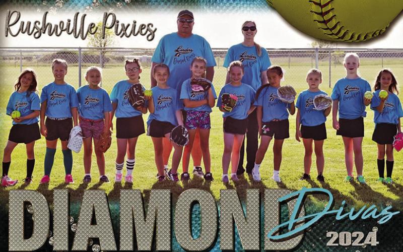 Courtesy Photo 2024 Linders Trucking Rushville Pixies Softball. Players: (L-R) Brexley Younkin, Adelyn Janssen, Evelyn Hotz, Kayla Fiscus, Brynn Janssen, Brynlee Linders, Mia Graham, Harper Has No Horse, Suttyn Jech, TayeLee Heiting, Brooklyn Younkin, Caley Morrisette (not pictured). Coaches are Rex Beguin and Leah Janssen.