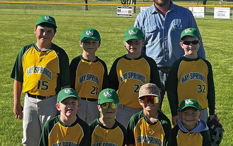 Courtesy Photo Hay Springs Rookies Baseball Team #1. Front row: (L-R) Brooks Heiting, Brooks Tonjes, Briggs Buettner, and Dax Raymer. Back row: (L-R) Stran Dierksen, Ransom Buettner, Rylan Johnson, and Connor Wilson. Not pictured: A.J. Mata. Coaches by Trent Dierksen.