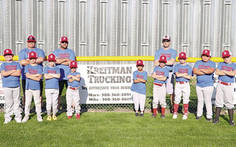 Courtesy Photo 2024 Kreitman Trucking Gordon Rookies Baseball. Players: (L-R) Brantley Black Calf, Easton Niewoehner, Erik Ray, Dillon Alcorn, James Tiensvold, Mason Schulz, Hunter Puncochar, Robert White Face, and Aaron Standing Soldier. Back Row: (L-R) Coaches Nick Black Calf, Eric Schulz, and Ryan Alcorn.