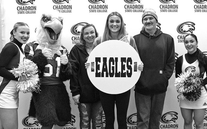 Photo by Tena L. Cook, CSC Chadron State College cheer team members and CSC mascot Elmo pose with a prospective student and her family Feb. 2, 2024, at Eagle Experience Day in the Student Center.