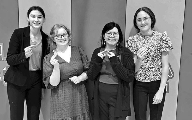 Courtesy Photo The Gordon-Rushville Speech Meet was a success for these Mustangs. Claire Wellnitz, Haley Dane, Ciara Carbajal, and Hadley Banks all took home medals during the home meet.