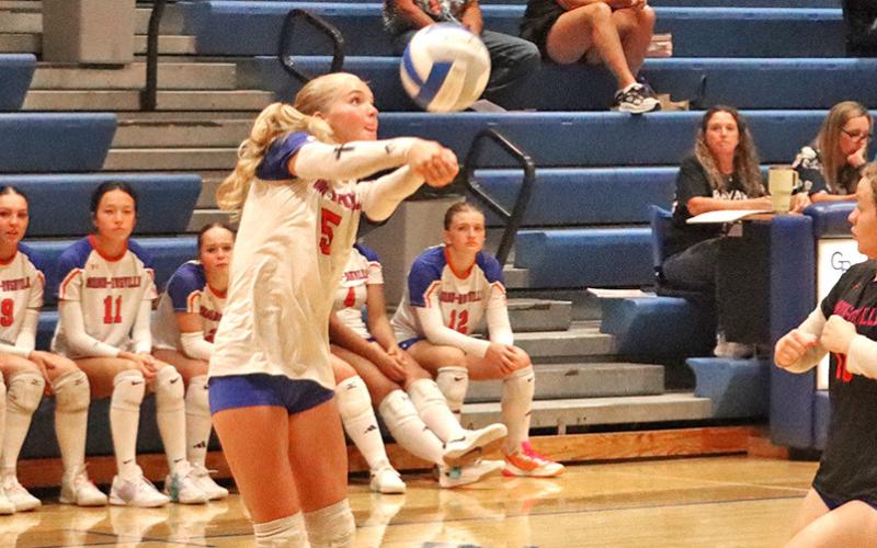 Photo by Chris Heiser Sophomore Grace Freeseman digs a shot from the Bayard Tigers during their match on Friday, September 11.