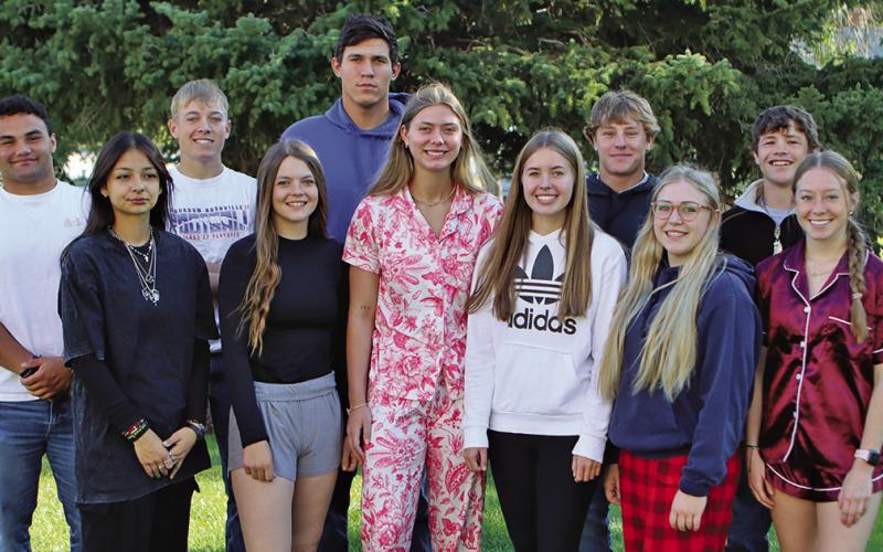 The 2024 Gordon-Rushville Homecoming Court. Front row: (L-R) Iris Clark, Braylynne McKimmey, Emma Martins, Delani Davis, Rylie Shultz, and Rylie Barker. Back row: (L-R) Toby Berndt, Austin Child, Lain Tausan, Wyatt Feddersen, and Kyler Vincent. Not pictured: Bronson Freeseman. Photo by Scott Bidroski