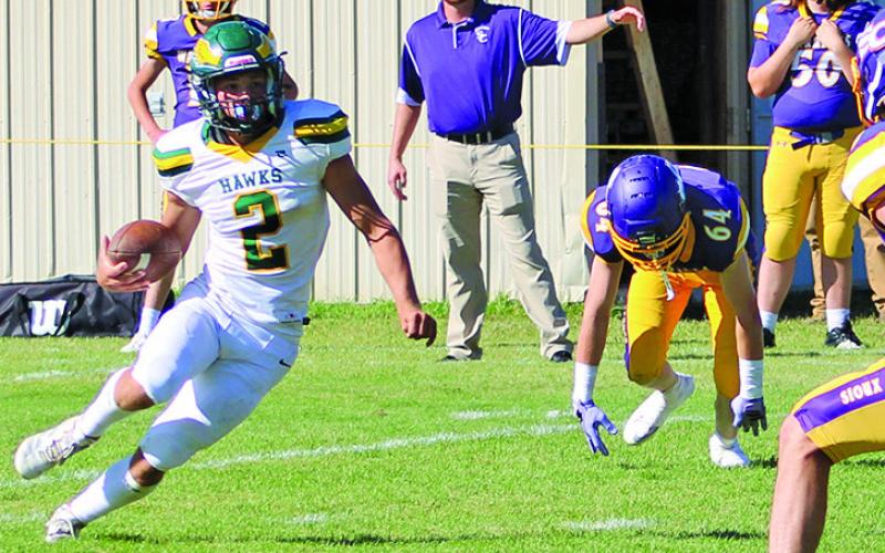 (Photo by Jessica Mintken) Junior Tripp Buettner breaks into the open field against the Sioux County Warriors on Friday, September 26. Buettner and the Hawks would roll, 75-38, for their third win of the season.