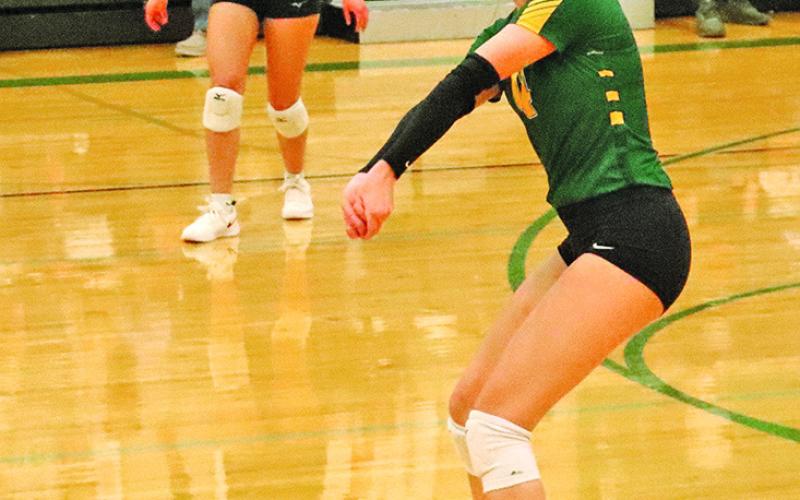 (Photo by Scott Bidroski) Hawks senior Kya Binger gets the dig against Bayard on Thursday, September 17. Binger would collect 8 digs on the evening which pushed her over 1,000 career digs during her tenure as a Hawk.