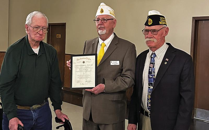 Courtesy Photo The Gordon American Legion Post 34 presented Gordon resident Donald Belsky for his 70 years of continuous membership to the American Legion. Belsky is pictured on the far left of the photo along with Senior Vice Boyd Yochum and District 1 Commander Gary Sones.