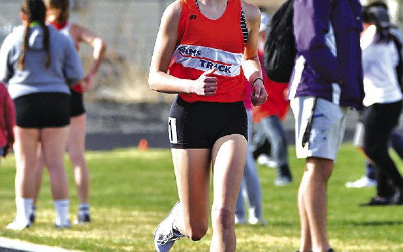 Photo by Melissa Grover Seventh grader Brittney Dehning set the Middle School record in the 1600 meter race with a time of 6:27.02 during the Western Trails Conference Invitational. Dehning’s time was also a meet record for the age group.