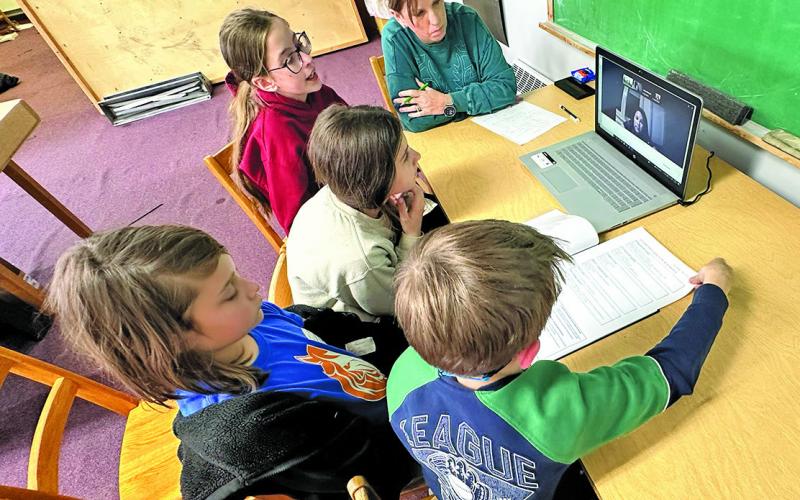 (Photo by Scott Bidroski) Members of the Duck Republic meet with Sheena Rodriguez during a Zoom call in March. Those pictured include: Gage Bidroski, Denali Hillion, Avery Kreitman, Claire Swanson, and Advisor Lydia Swanson.
