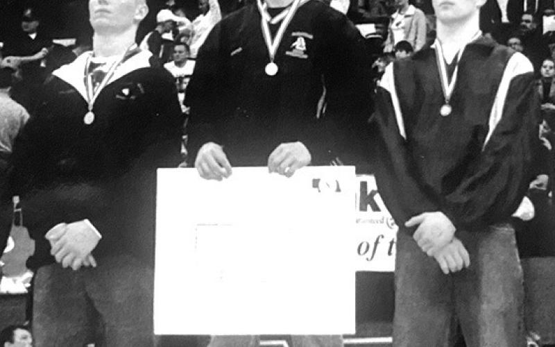 Courtesy Photo Rushville High’s Brett Hunter stands atop the podium in Omaha after winning the State Championship in 2004. Hunter was inducted into the Chadron State College Hall of Fame of October 5.
