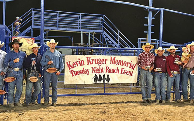 Photo by Courtney Ostrander The winners of the Kevin Kruger Memorial Ranch Event was Craven Feed team. They are pictured on the right side of the photo. The Sandhillers, left side of the photo, picked up second place in the event.